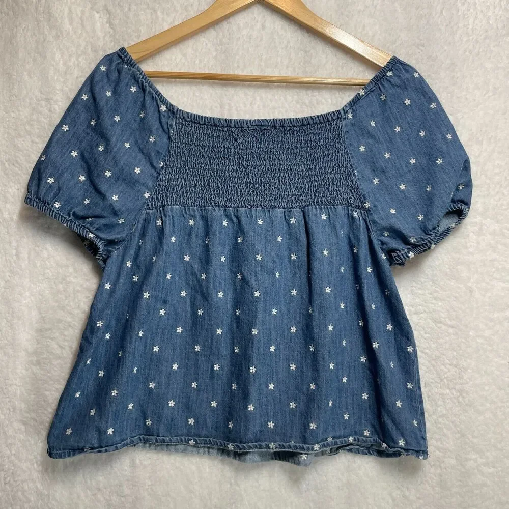 Old Navy Small Smocked Chambray Top Blue‎ Floral Puff Sleeve Boho Cottagecore